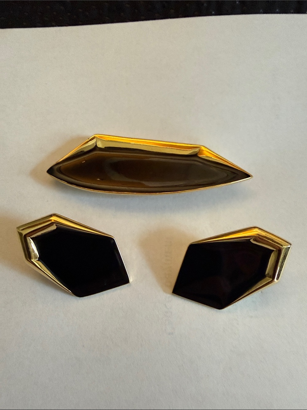 Monet Gold and Black Geometric Brooch and Clip-On Earring Set